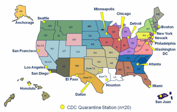 CDC Quarantine Systems MAP, for cholera, diphtheria, infectious tuberculosis, plague, smallpox, yellow fever, SARS, flu strains, EBOLA and other viral hemorrhagic fevers.  Source: CDC (Center for Disease Control and Prevention)